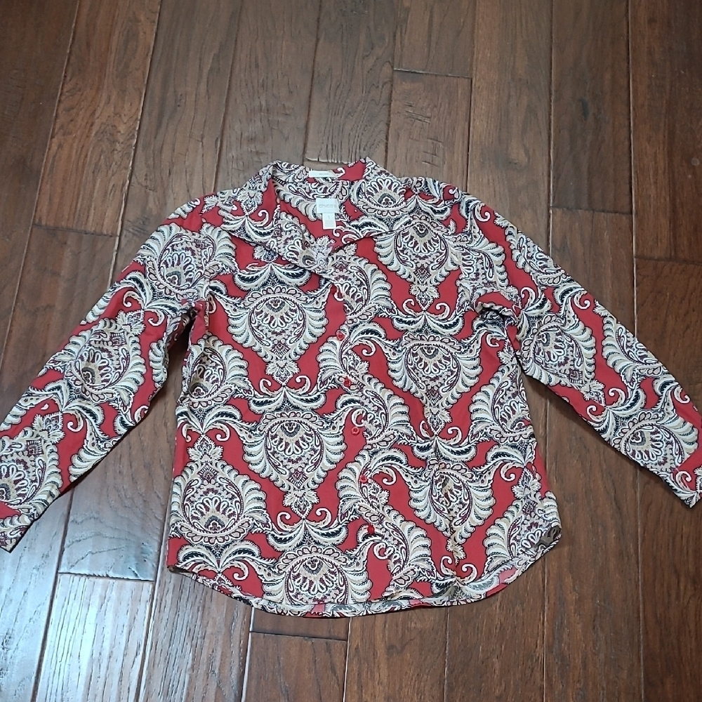 Chico's Red & Tan Paisley Button-Up Blouse size 1 (8)